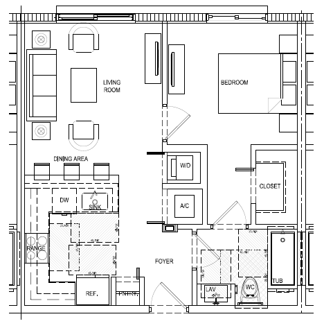 Floor plan for 1 bed, 1 bath, 598 sqft